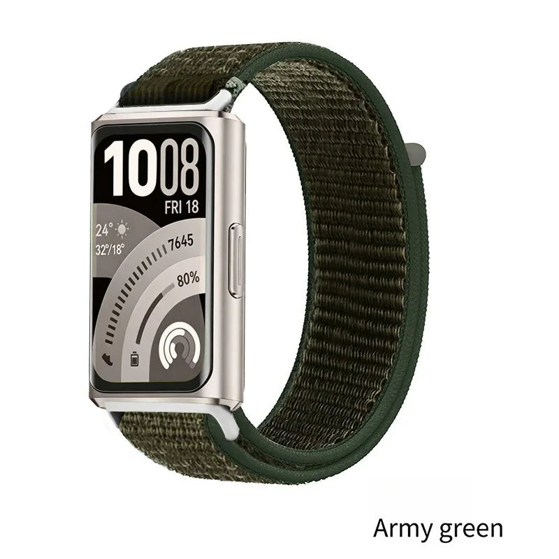 A Stylish Lightweight Nylon Loop Watchband with Exquisite Hardware Stitching Velcro Strap for Huawei Bracelet 11 Series 11 pro Qme Army green Huawei 11 11Pro