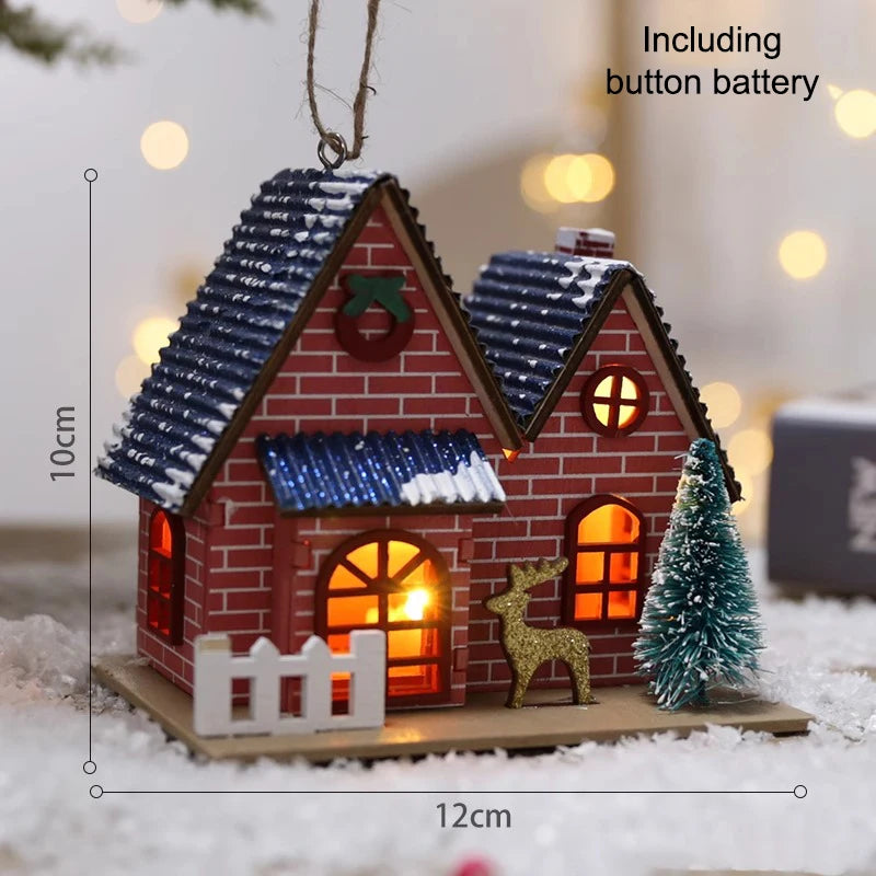 LED Wooden Christmas House Mini Xmas Snow Houses Wooden Winter Village Building Figurines Table Ornaments Holiday Party Decor Qme A3