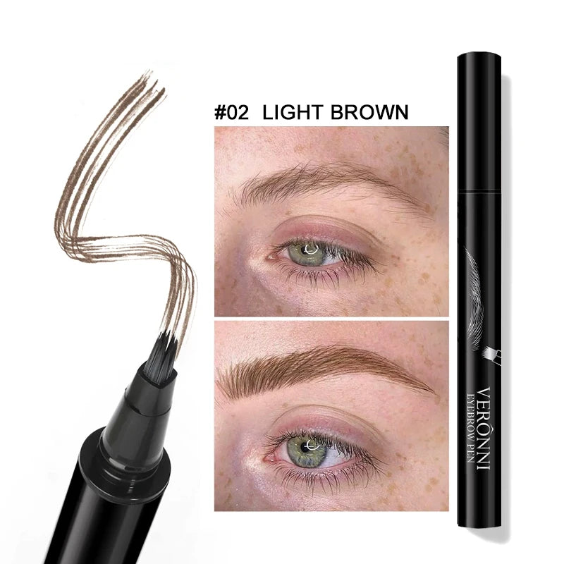 VERONNI 4 Colors Eyebrow Pen Fork Tip Liquid Waterproof Pencil Long Qme 02Light Brown