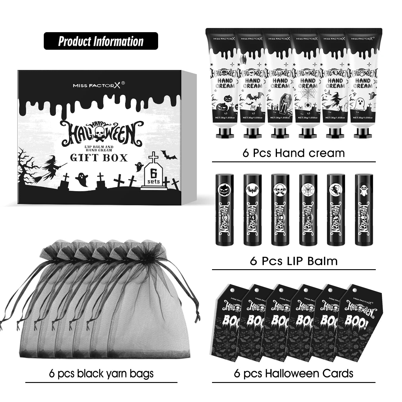 24PCS Halloween gift set (6 hand creams+6 lipstick) Each set includes a Halloween card and gift yarn bag Qme
