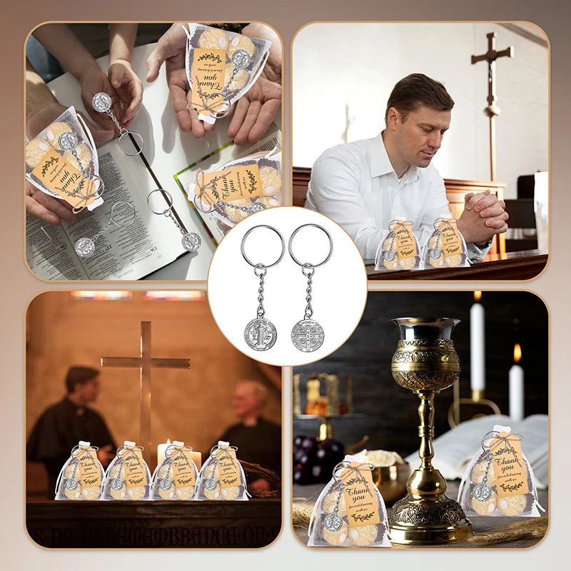 Baptism Key Ring Double Sided St Benedict Medal Keychain Organza Bags Qme