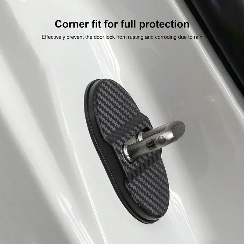 4Pcs Carbon Fiber Door Lock Covers – Universal Shock-Absorbing, Noise-Reducing, Rainproof, Easy Peel & Stick Fit for Sedans/SUVs Qme