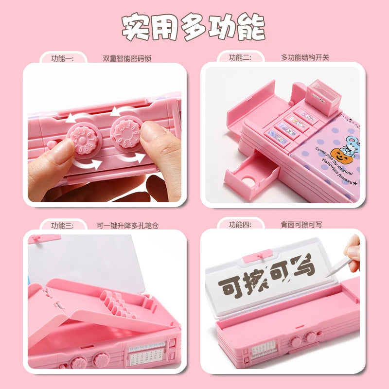 Hello Kitty Kuromi Cartoon Pencil Case With Combination Lock Multifunctional, Large-Capacity,Two-Tier Pencil Case for Students Qme