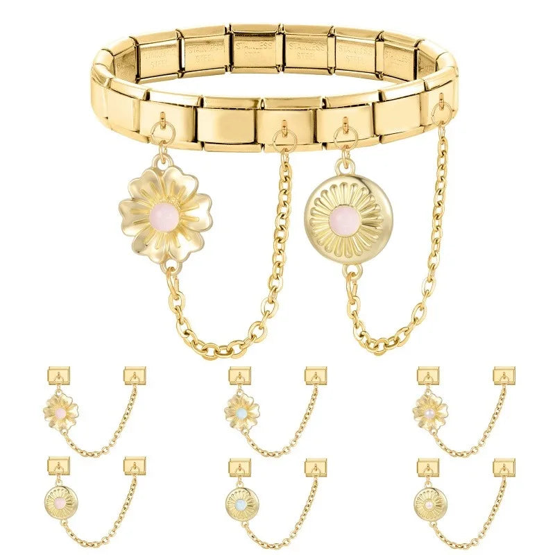 2025 New Gold Color Flower Heart Cute Cat Paws Sun Italian Charm Links Stainless Steel Fit 9mm Bracelet Jewelry DIY Making Gifts Qme