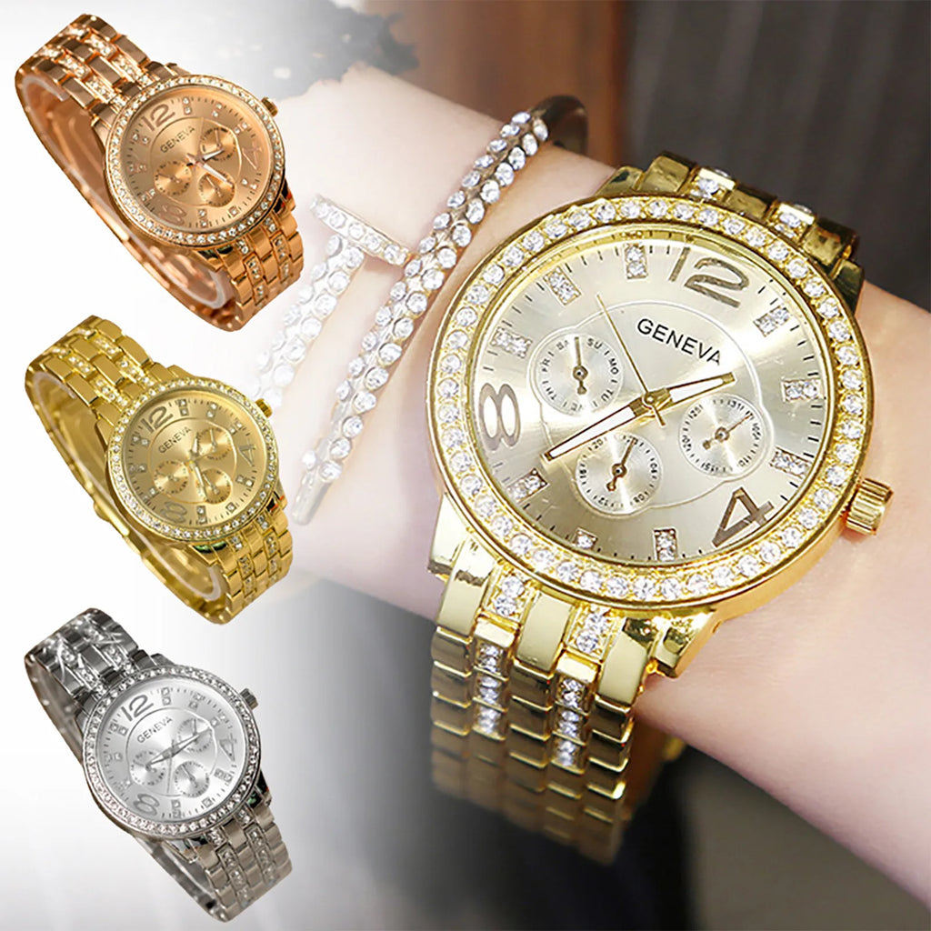 Female Fashionable Exquisite And Versatile Simple Business Alloy Stainless Steel Band With Diamond Quartz Round Wrist Watch Qme