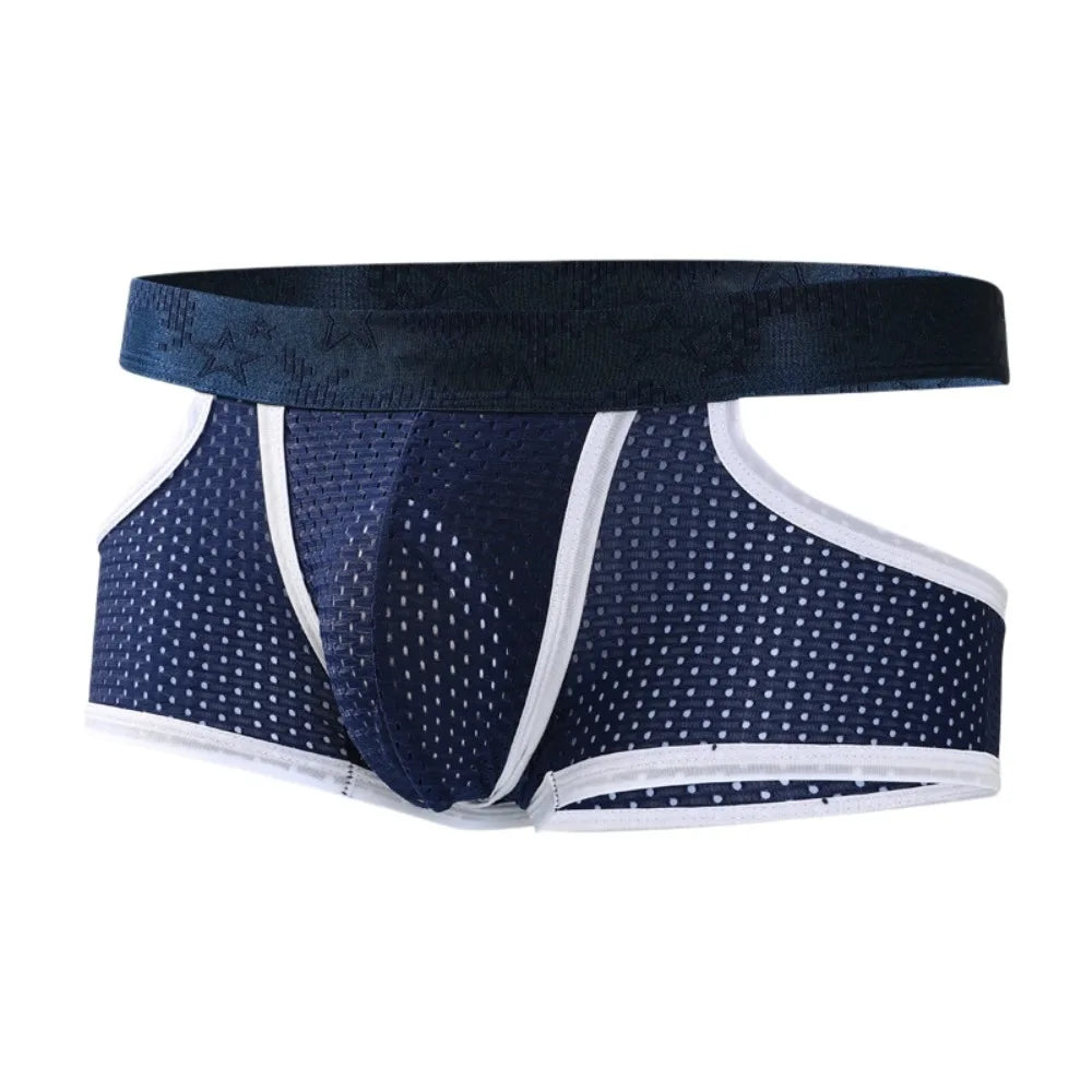 Quick-Drying Silky Fiber Men's Mesh Boxer Briefs Split Design Separation Male Ice Silk Panties Lingerie Four-Way Stretch Qme Dark Blue L
