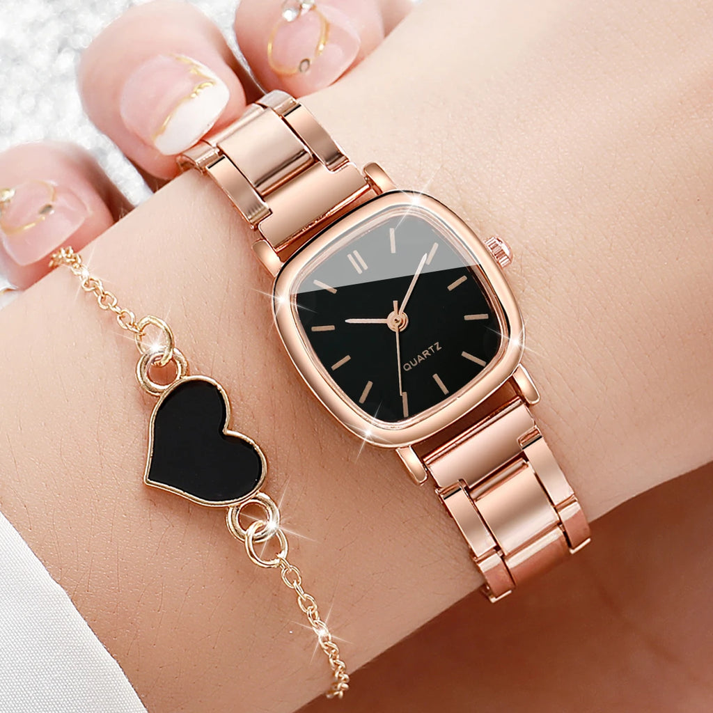 Elegant Rose Gold Square Quartz Watch Heart Bracelet Qme Bronze