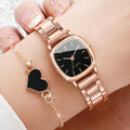 Elegant Rose Gold Square Quartz Watch Heart Bracelet Qme Bronze