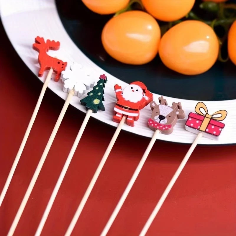 50Pcs Christmas Toothpick Set - Event and Party Supplies for Holiday Decorations, Including Sticks, Snowflakes, Snowmen, Reindee Qme