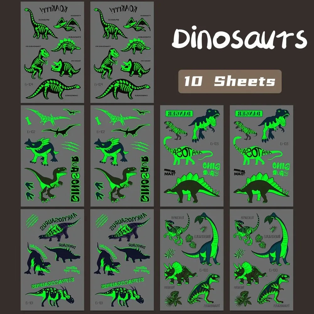 24 Sheets Luminous Dinosaur Temporary Tattoos, Waterproof Glow In The Dark T-Rex Pterosaur Velociraptor Triceratops Stegosaur De Qme 10 Sheet Dinosaurs