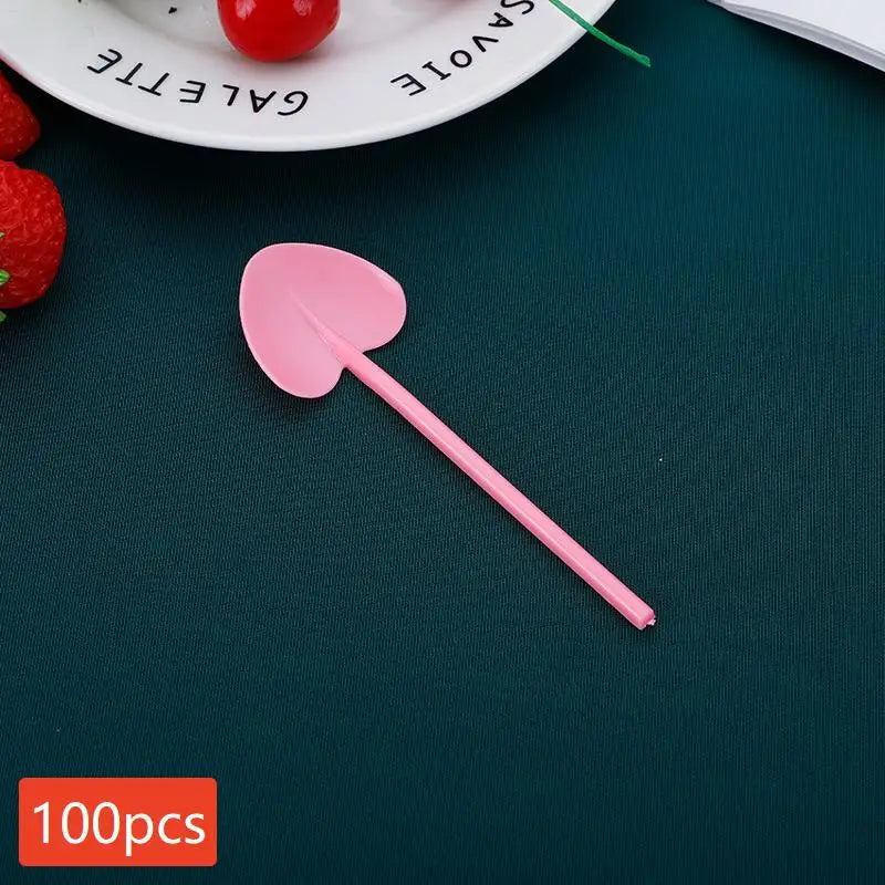 100pcs Heart Shape Disposable Spoons - Colorful Long Handle Dessert Spoons For Ice Cream, Cake, Pastry, Mooncakes | Cute Party Qme A4