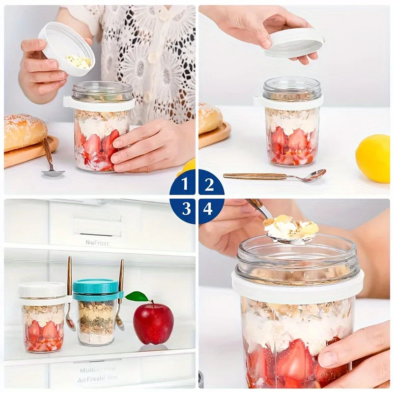 Glass Oatmeal Cup Overnight Oats Container Lid Spoon Cereal Milk Qme