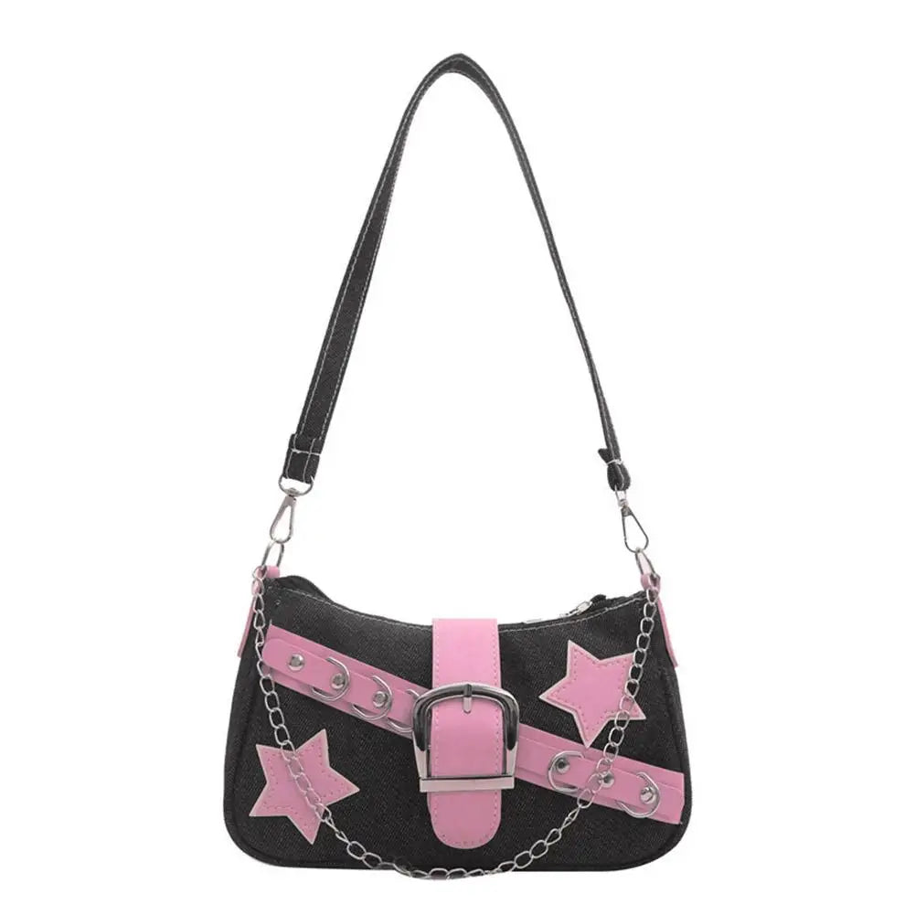 Fashion Women's Handbags Denim Stars Pattern Cool Girls Underarm Bag Female Small Shoulder Hobo Bags Chain Tote Bag Qme A