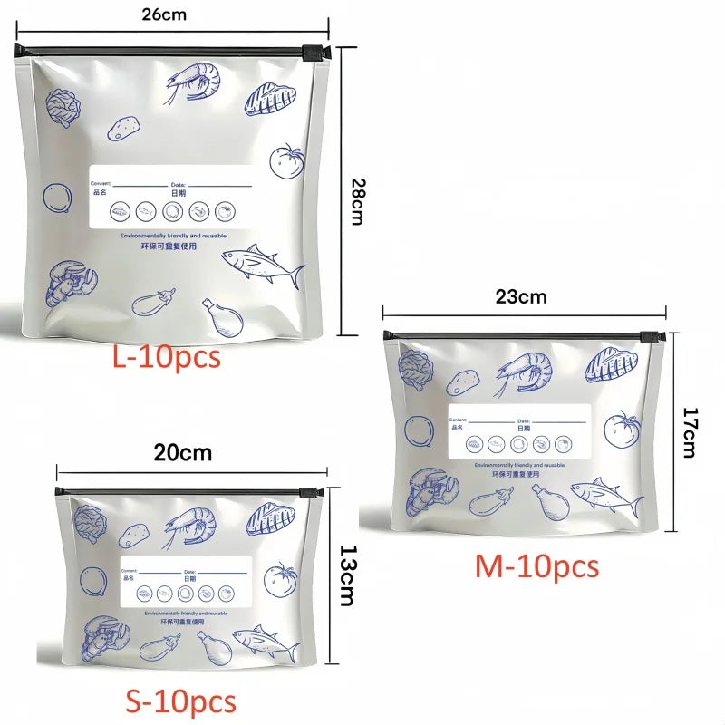 10Pcs/Bag Kitchen Aluminum Foil Fresh Bag Freezer Stand Up Zip Lock Bag Large Capacity Reusable Food Organizer Bags Qme 30 mixed packs