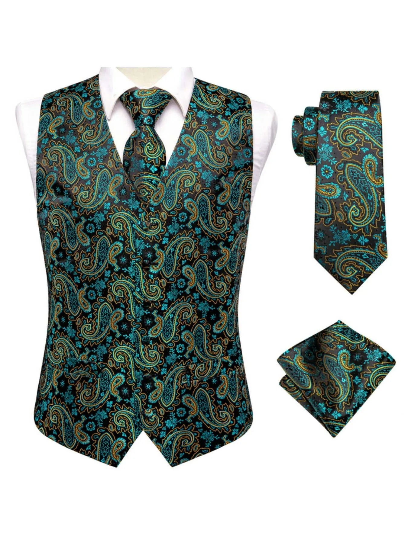 Green Men Vest Three-piece Suit Dress Waistcoat Tie Pocket Square Qme MJ-3016 S