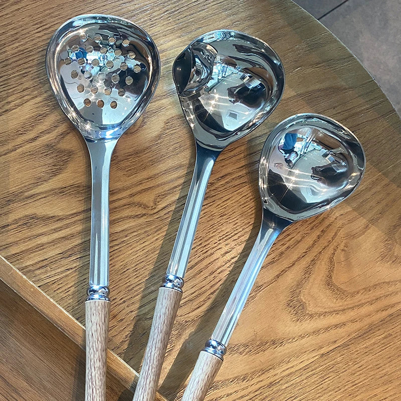 Stainless Steel Wooden Handle Soup Spoon Strainer Household Pot Ladle Qme