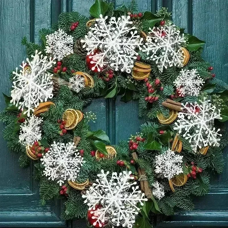 Christmas Plastic White Snowflakes Ornaments Xmas Tree Hanging Pendant Artificial Glitter Snow Flake Home DIY Wreath Decoration Qme