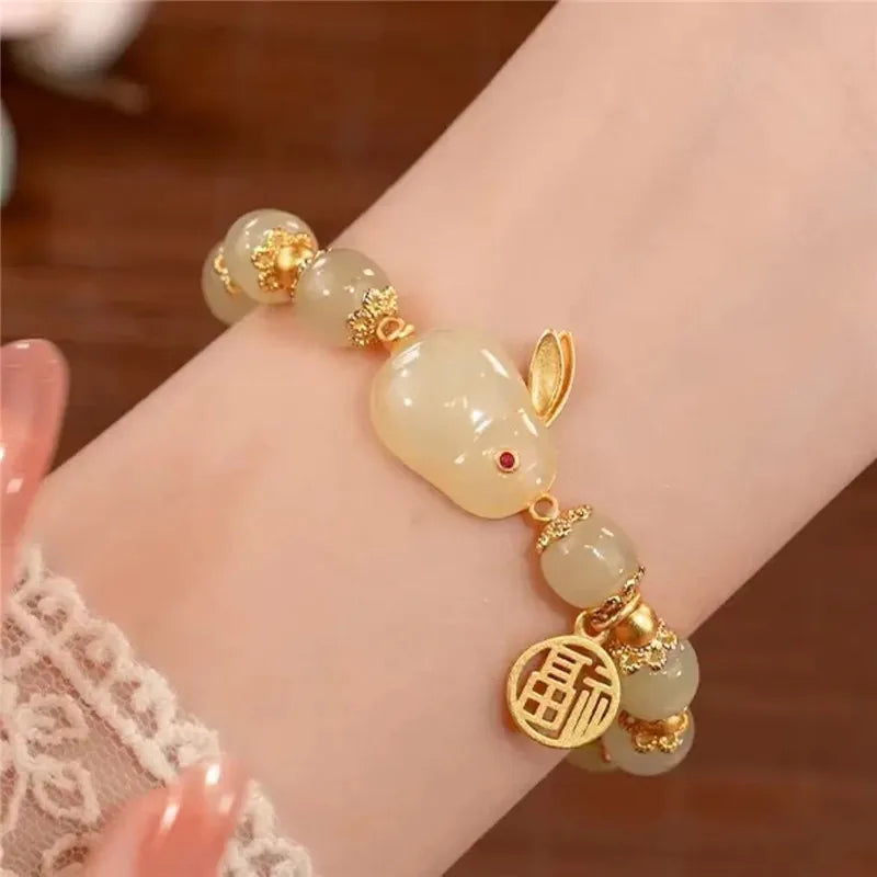 b05 Fu Character Jade Hare Imitation Hotan Jade Bracelet Fashion Women's Cute Rabbit Glass Beaded Bracelet Retro Jewelry Gifts Qme