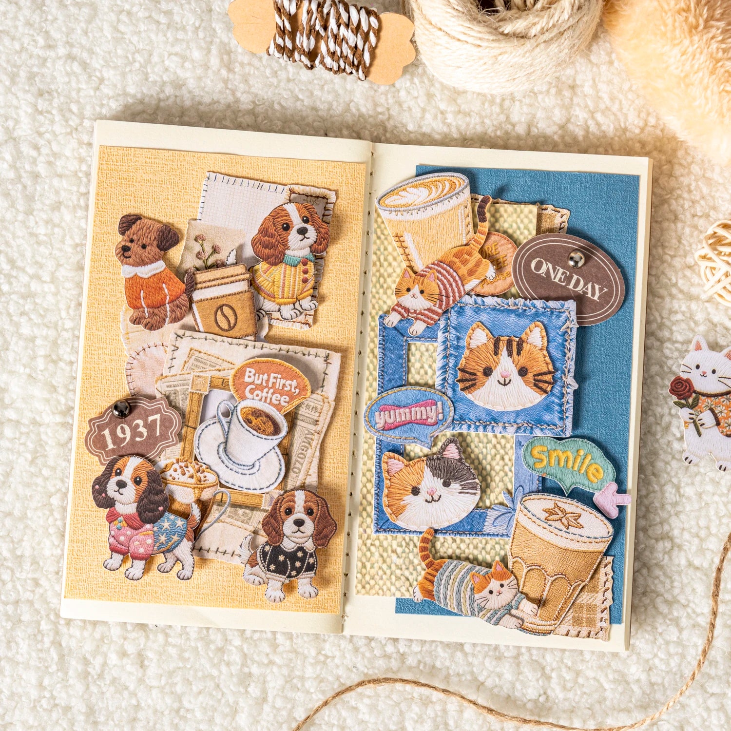 20Sheets Fluffy Plush Cat Dog Pet Theme No White Edge PET Stickers for DIY Craft Scrapbook Guitar Phone Case Notebook Decoration Qme