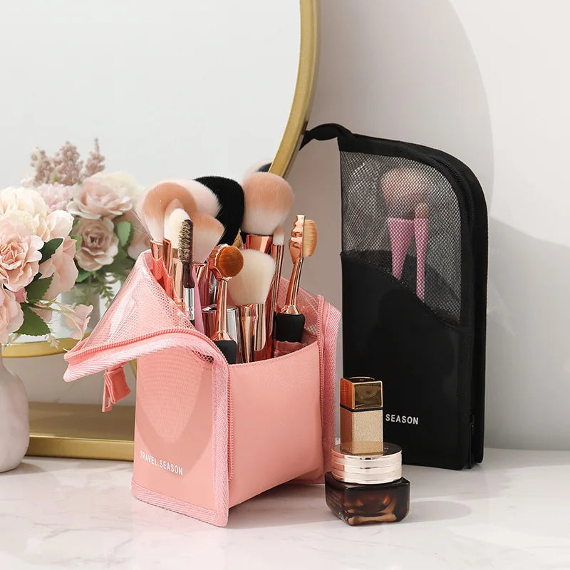 Stand Cosmetic Bag Women Clear Zipper Makeup Travel Female Brush Qme