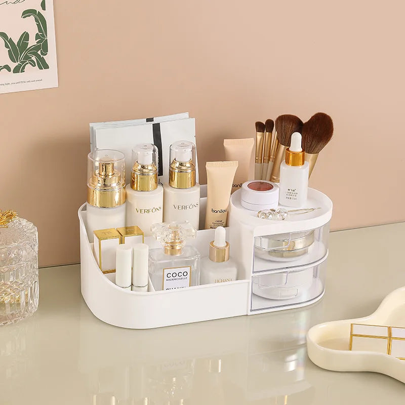 Makeup Storage Box With Mirror Desktop Dressing Table Makeup Mirror Cosmetics Jewelry Storage Box Touch Light Storage Organizer Qme SIvoryWht