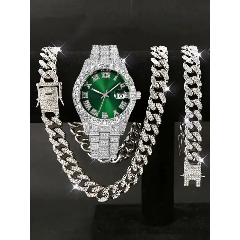 3-piece set hip-hop watch set with rhinestone bracelet and necklace, quartz Qme Coffee
