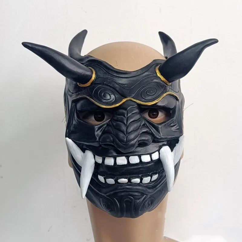 Japanese Horror Legend Hannya Resin Latex Mask Cosplay Ghost Demon Samurai Noh Kabuki Red Prajna Halloween Masquerade Party Prop Qme Latex Black