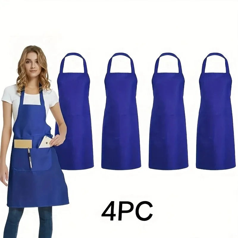 4pcs Adjustable Canvas Aprons with Pockets Comfort Fit for Cooking Chefs Waiters BBQs Hairdressers Easy Clean Qme Blue -4pcs OneSize