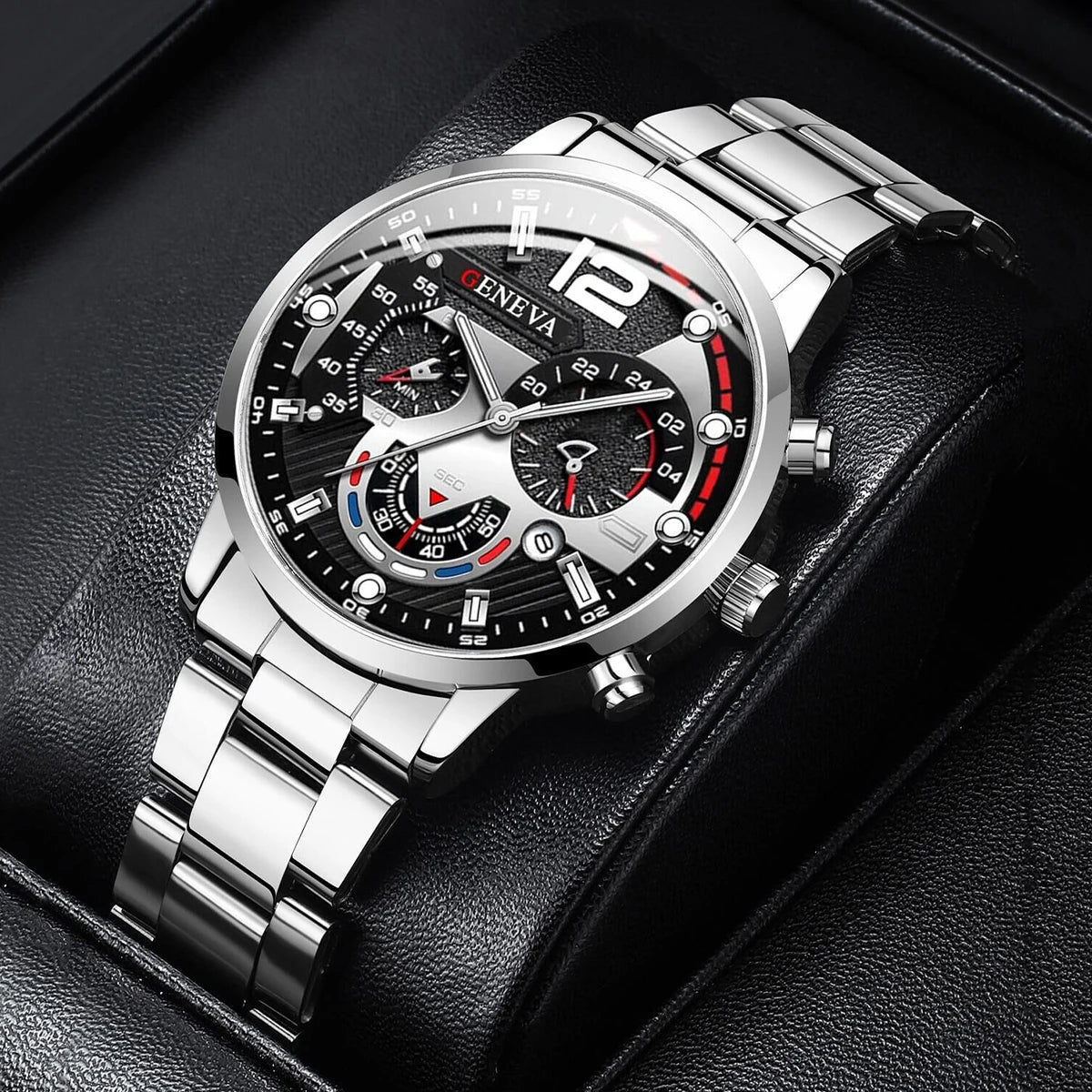 Silver Steel Band Men Chronograph Watch, Large Dial GENEVA Analog Quartz Watch for Business Casual Daily Wear Qme Silver