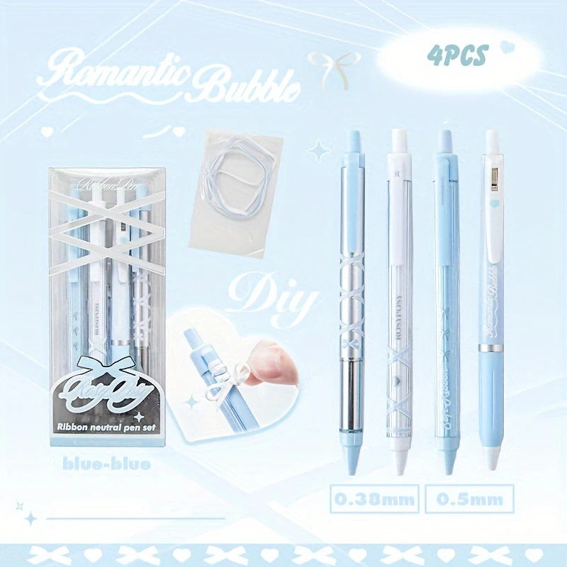 4-Piece Ballet Ribbon Gel Pen Set, Aesthetic Black Ink Neutral Pens, Ideal for Office, Study, Festival Gifts and Event Prizes Qme Blue