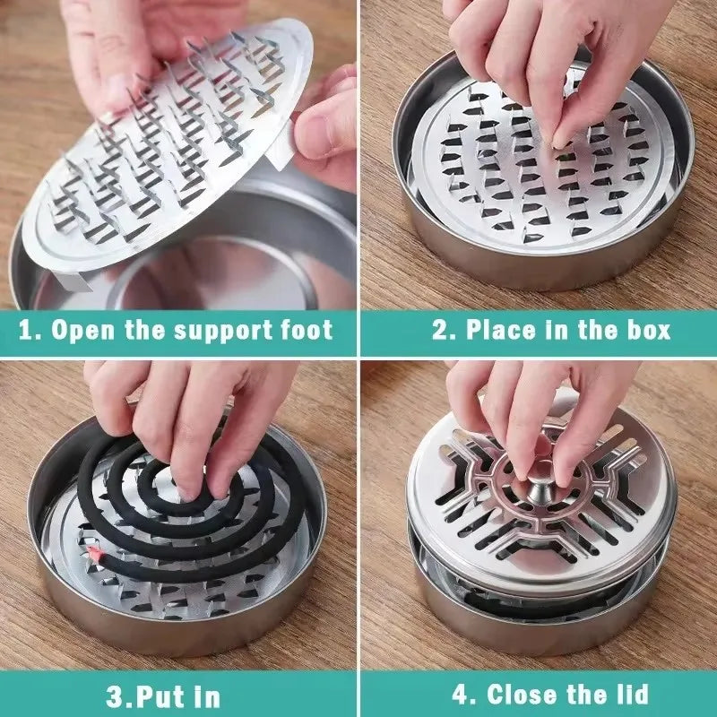 Mosquito Coils Holder Stainless Steel Mosquito Coil Box with Cover Round Mosquito Coil Tray Easy To Clean Anti-Mosquito Supplies Qme