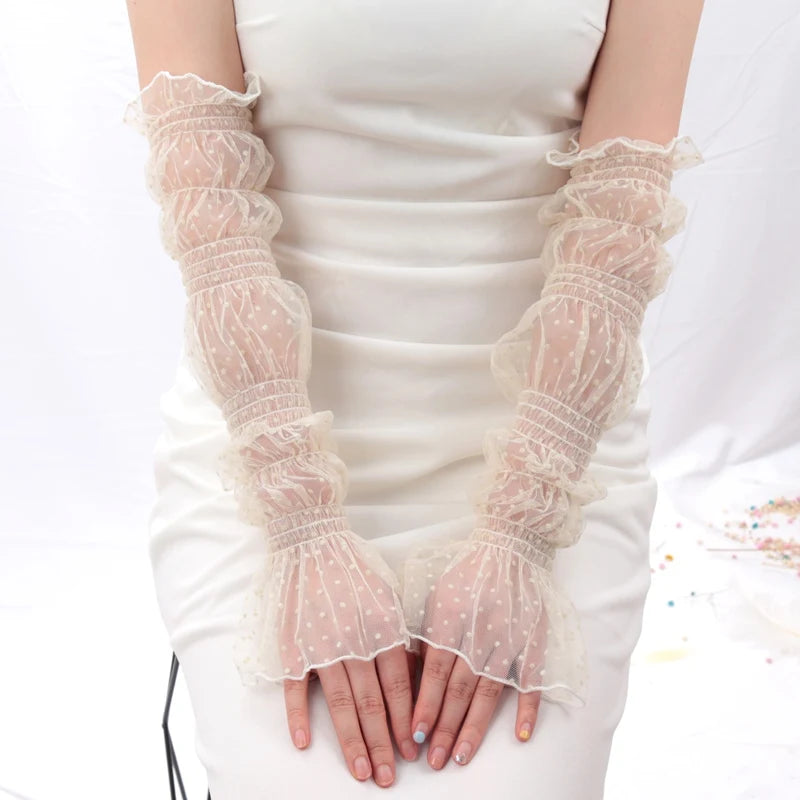 Long Cute Lace Mesh Fingerless Gloves Summer Sunscreen Sleeves Qme Beige