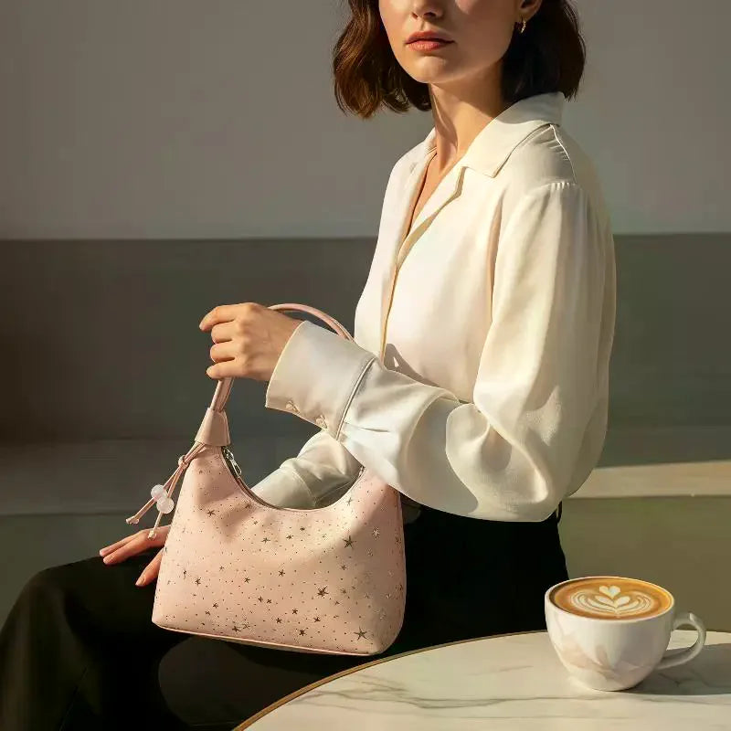 Sweet Sparkling Stars Shoulder Bag Nylon Texture Pearl Pendant Crossbody Bag Small Bucket Handbag Women Girl Qme