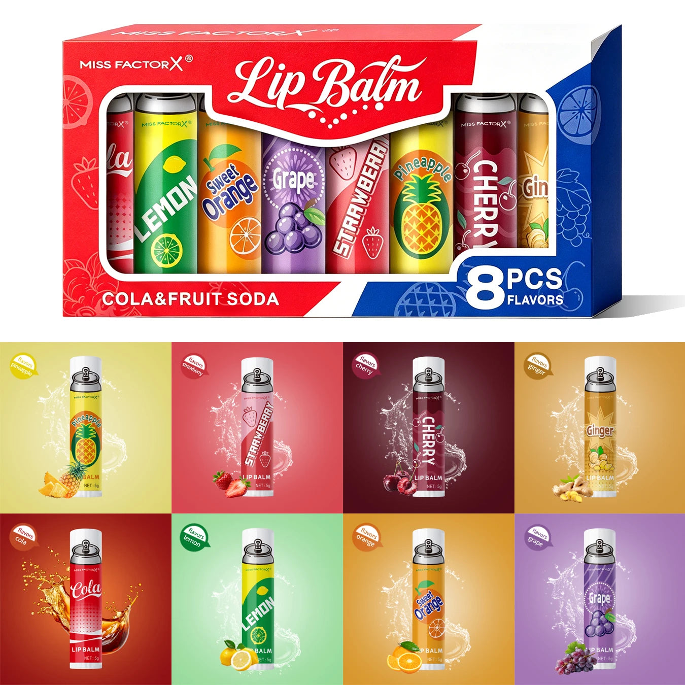 8 Pack Soda Flavor Lip Balm, Hydrating Dry Lip Treatment, Cute Design, Ideal Holiday Gift for Girls Qme Default Title