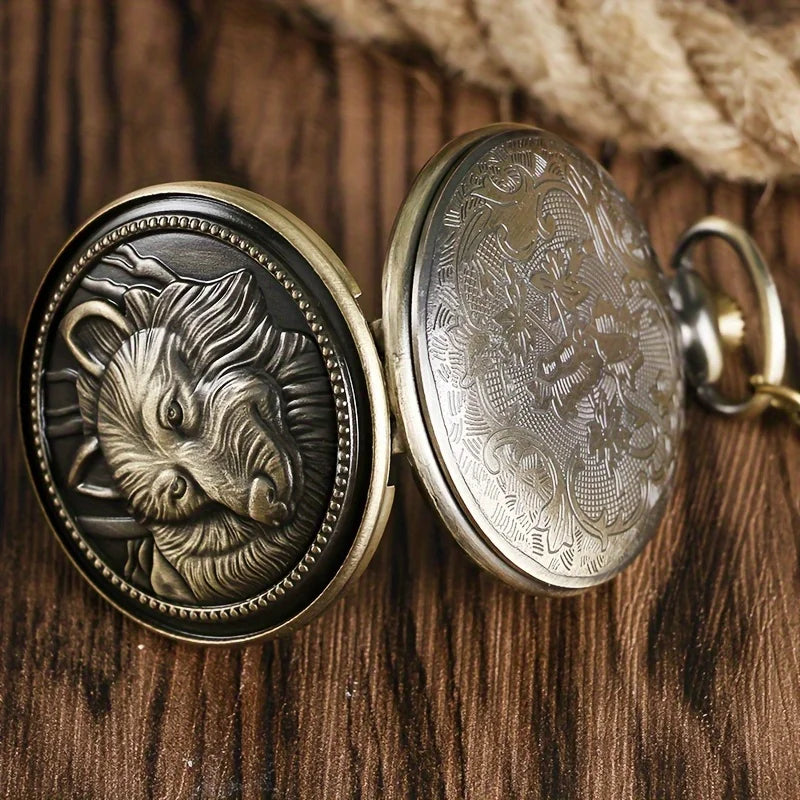 1pc Retro Bronze Wolf Necklace Pendant Quartz Pocket Watch Men's Gift Qme