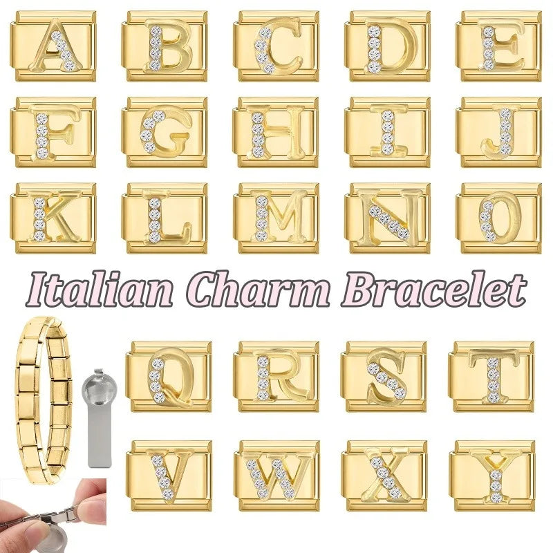 Wholesale Shiny CZ 26 Letters A-Z Gold Color Italian Charms Gold Plated 9mm Stainless Steel Modular Bracelet DIY Jewelry Gift Qme