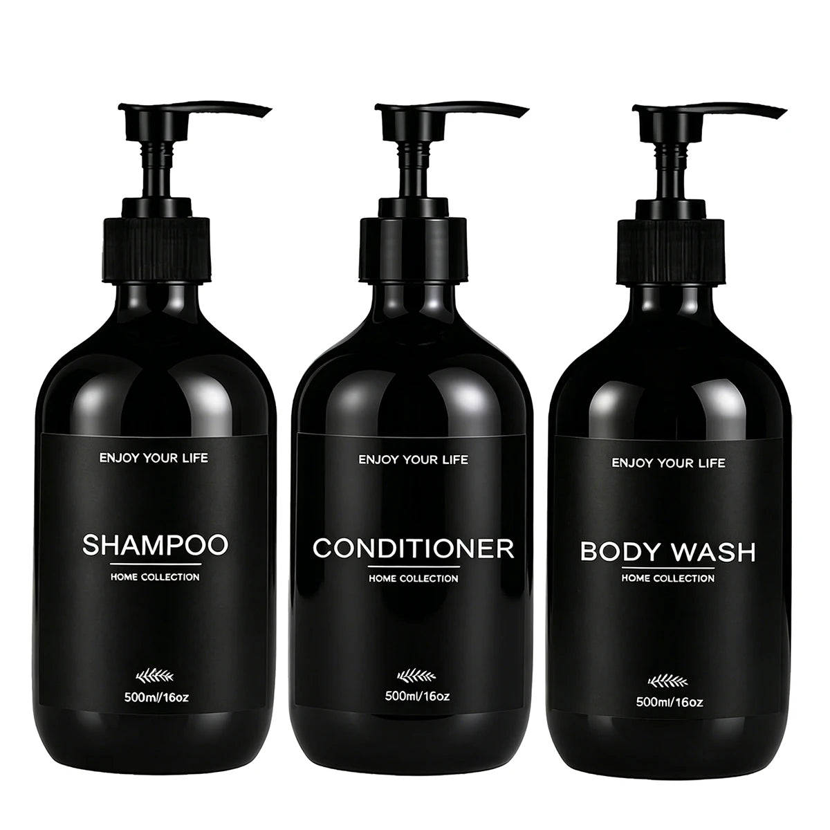 Shower Soap Dispenser Set Glossy Black Refillable Shampoo and Conditioner Body Wash Dispenser with Waterproof Labels Bathroom Qme 3pcs-A