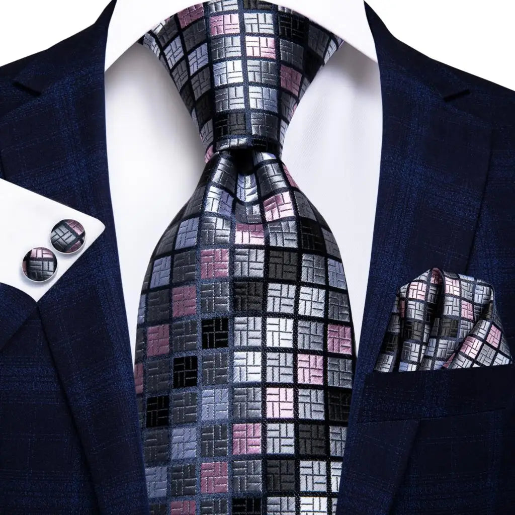 Hi-tie Designer Grey Plaid Novelty Silk Wedding Tie Men Handky Qme