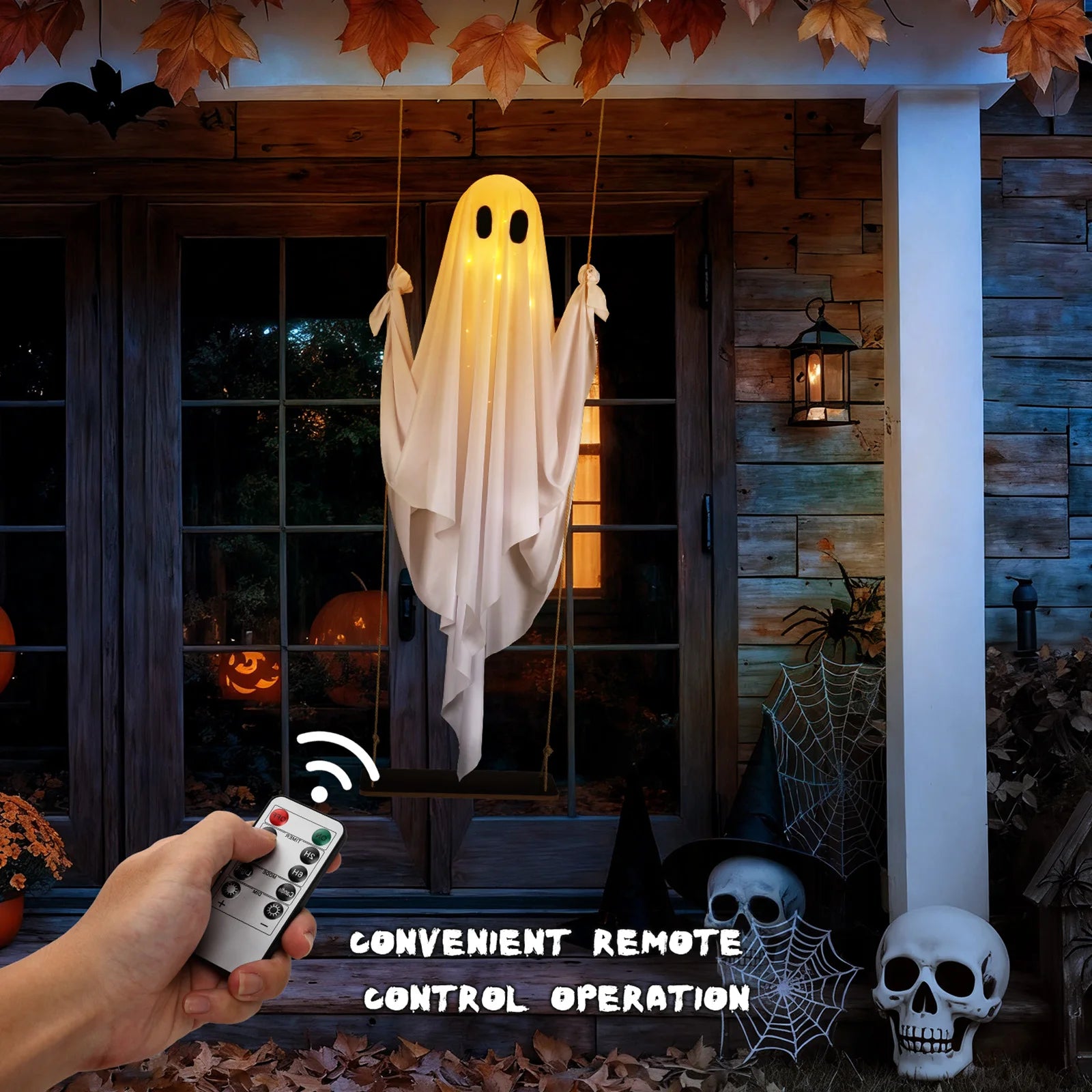 Decorations Outdoor Halloween Scary Ghost 5FT Large Hanging Ghost Swing with Remote Control String Lights Cosplay Party Decor Qme