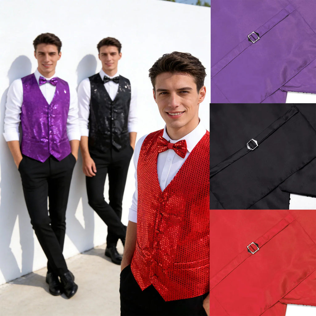 Premium Slim Fit Sequin Vest & Bow Tie Combo – Green/Purple/Fuchsia Options for Formal Celebrations &Themed Parties Qme