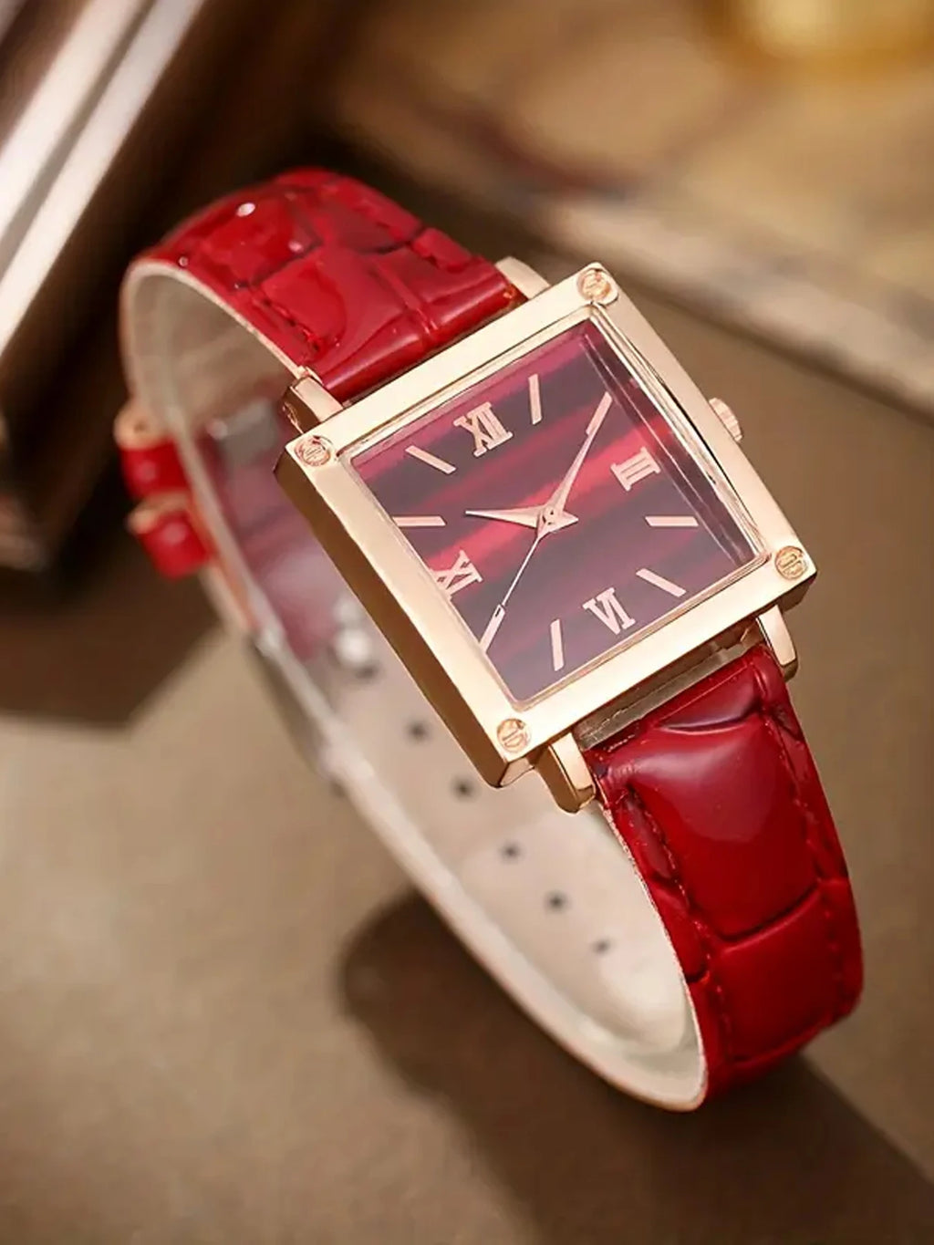 5-piece trendy leather women's watch square Korean fashion rhinestone block set Qme