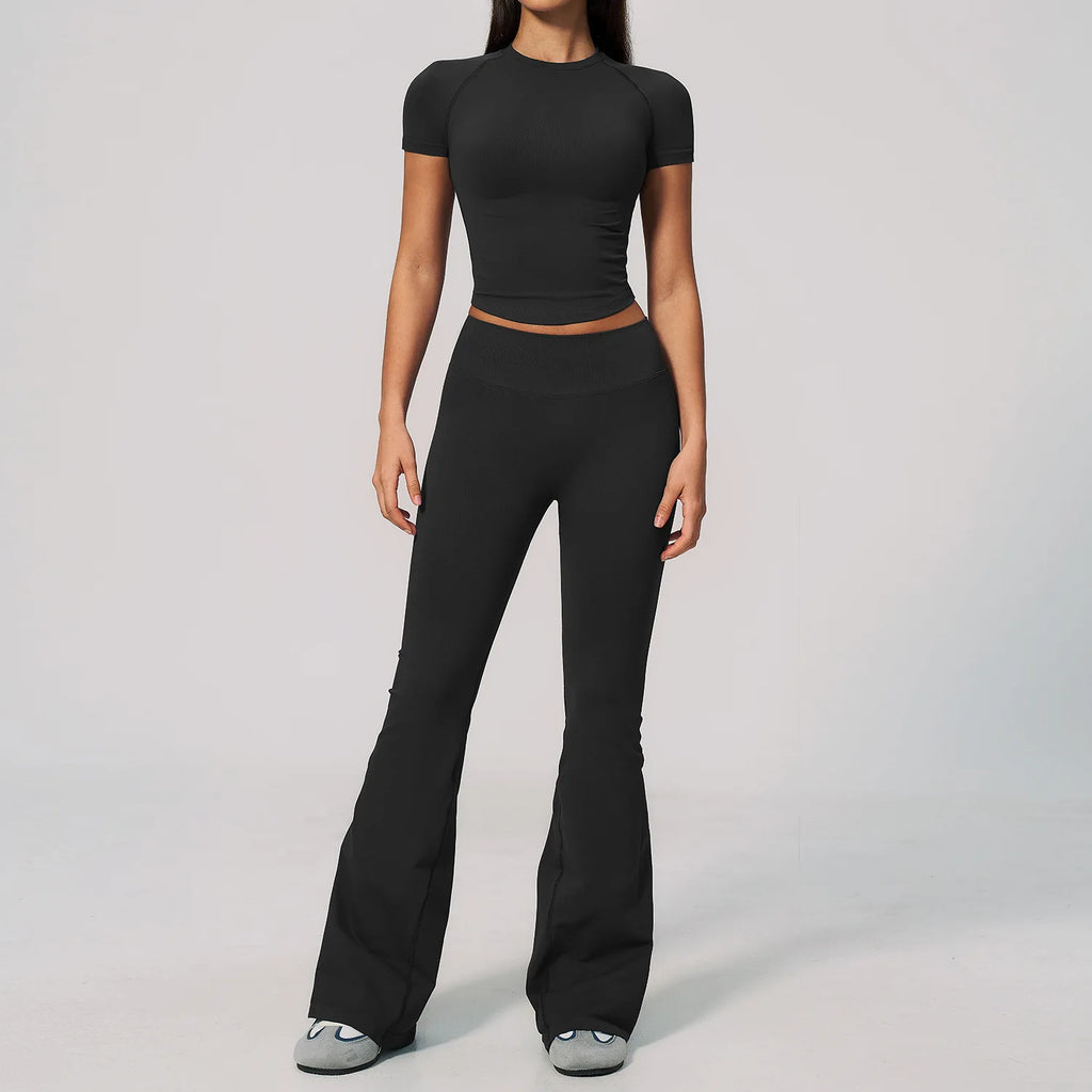 B New 2PCS Women Yoga Workout Suit, Short Sleeve Top with High Waist Flared Pants, Elastic Sportswear for Gym Cycling Fitness Qme