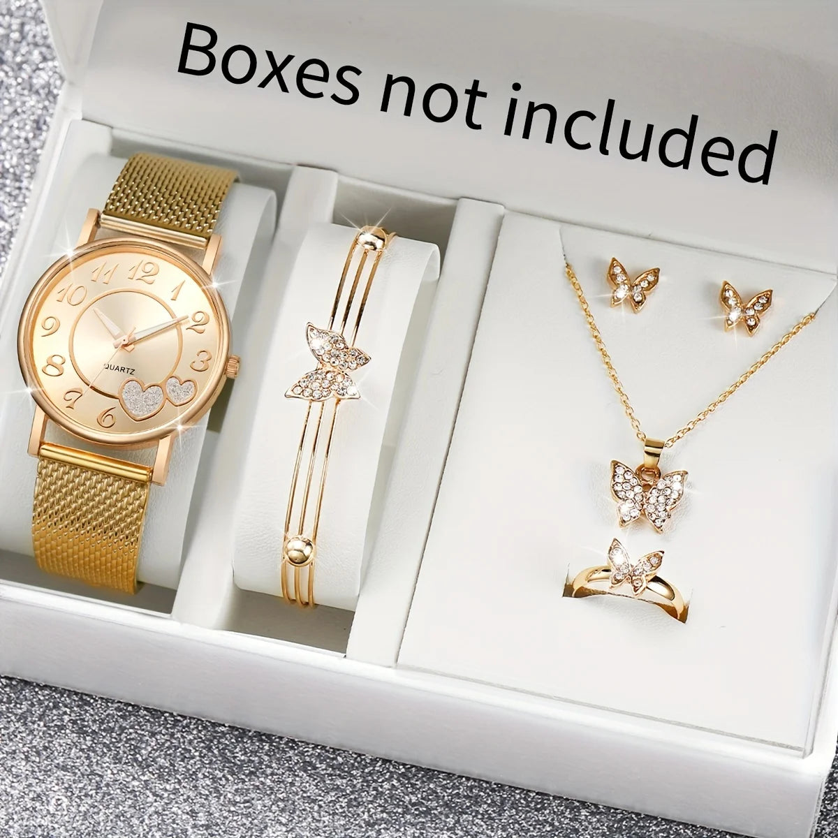 3/5Pcs Butterfly Watch Jewelry Set Women Rose Gold Mesh Quartz Wristwatch Crystal Butterfly Necklace Earrings Bangle Ring Gift Qme HH10033