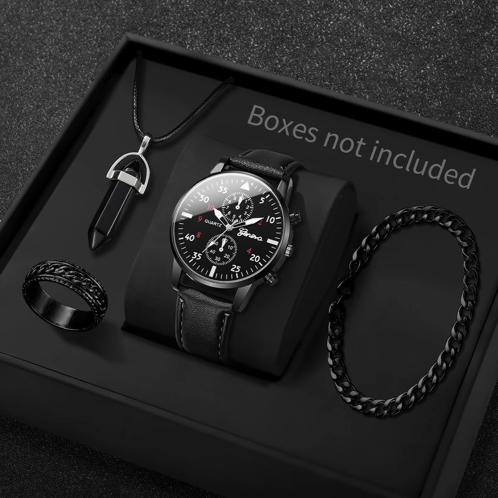 4PCS/Set Fashion Arabic Dial Men Business Watches Casual Leather Strap Quartz Wristwatch Jewelry Set Reloj Hombre (Without Box) Qme 4PCS Set Without Box