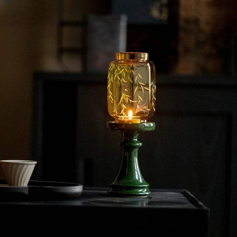 Chinese Glass Emerald Candlestick Atmosphere Lamp Aromatherapy Candle Qme