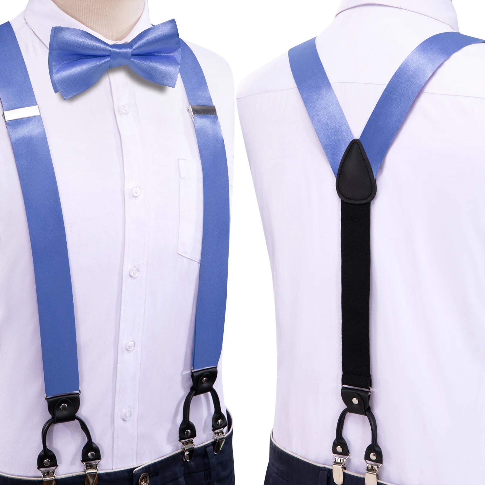 Hi-tie Silk Mens Braces Bowtie Hanky Cufflinks Y Back Clip Adjustable