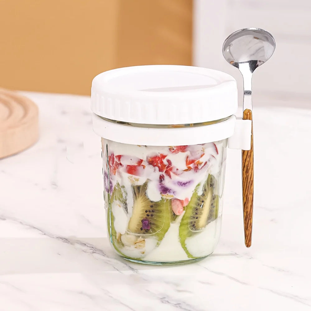 Glass Oatmeal Cup Overnight Oats Container Lid Spoon Cereal Milk Qme White