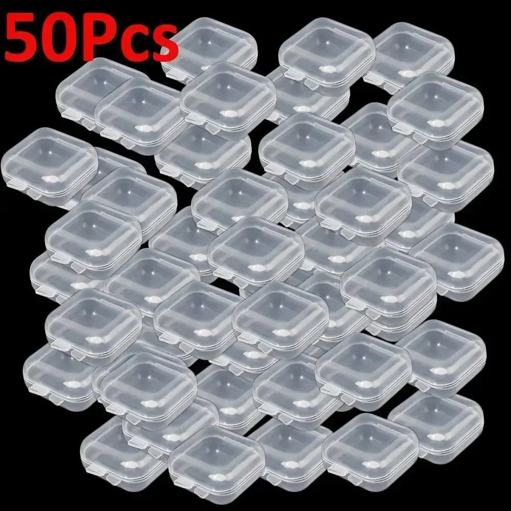 Mini Plastic Jewelry Storage Box Square Transparent Flip Portable Pill Container Jewelry Holder Packaging Earrings Display Case Qme 50PCs