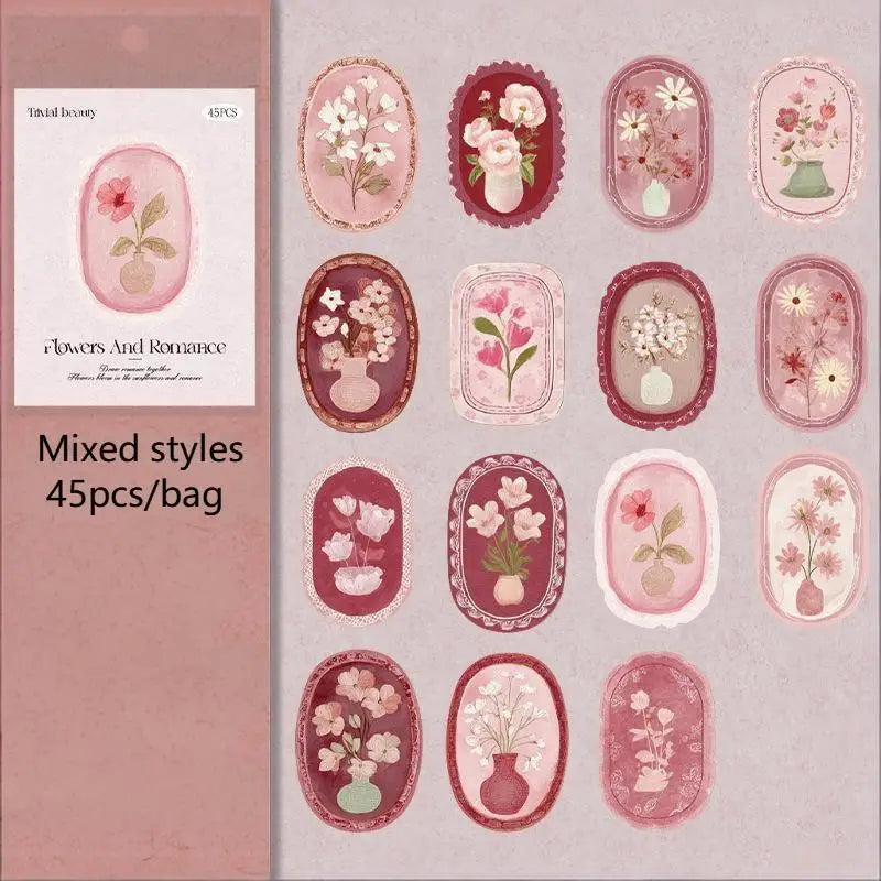 45pcs Serene Florals Sticker Pack - Boxed Flower Theme Collection, DIY Journal Collage Decor Set, Literary Stationery Qme A3