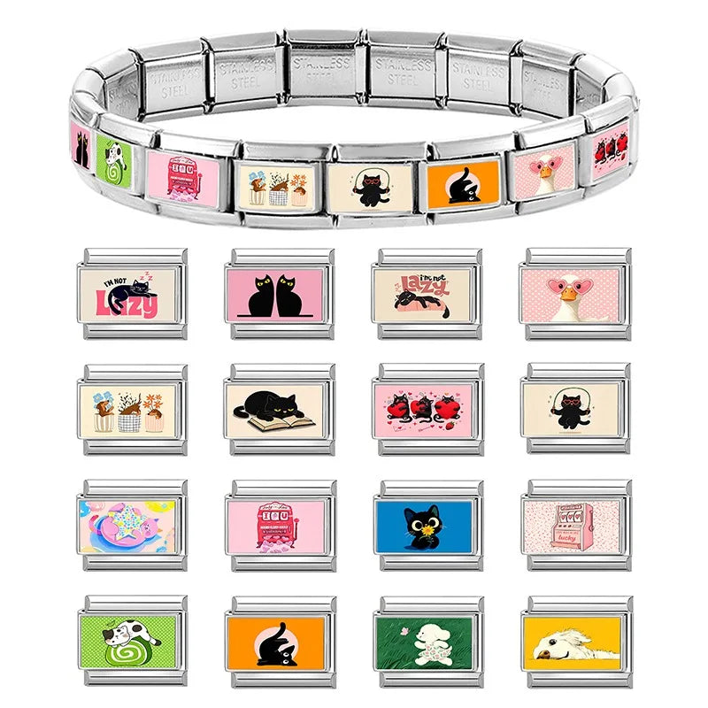 Romantic Cute Cats Hug Red Hearts Dog Duck Animal Series Italian Charm Links Fit 9mm Stainless Steel Bracelet Jewelry DIY Making Qme